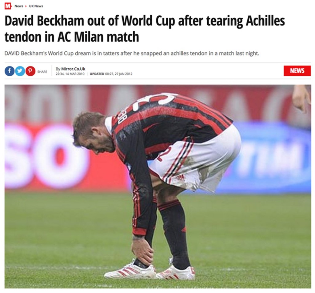 David Beckham will miss World Cup after tearing Achilles' tendon